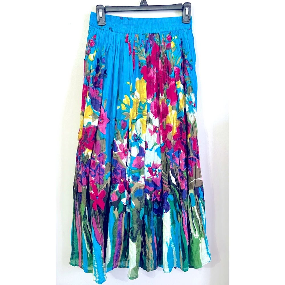 Blair, blue skirt w/ floral/flower design,colorful, watercolor look, Size S
